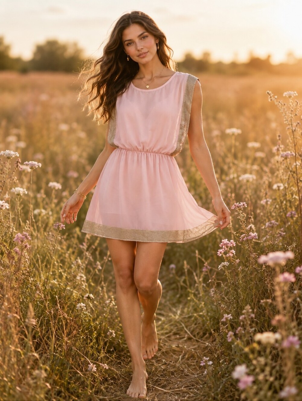 Harvest Collection Pink Sheer Gold Trim Fairycore Tunic Mini Dress EU 40